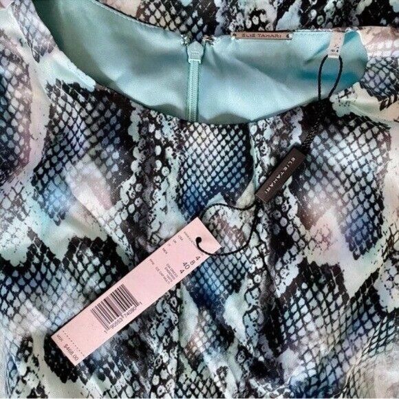 Elie Tahari Dia Gathered Snake-Print Silk-Satin Mini Dress Turquoise Size 4 - Picture 12 of 15